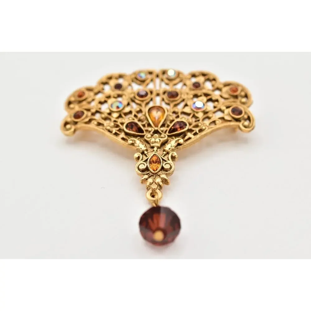 1928 Vintage Brooch Pin Fan Amber Dangle Rhinestone Crystal Gold Tone 80s BinBG
